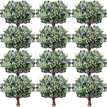 Janinka 60 Pcs Artificial Greenery Eucalyptus Stem Artificial Mixed Eucalyptus Stems Leaves Bulk with White Seeds Silver Dollar Faux Greenry Stems Sprays for Wedding Bouquet Decor Flower Arrangement