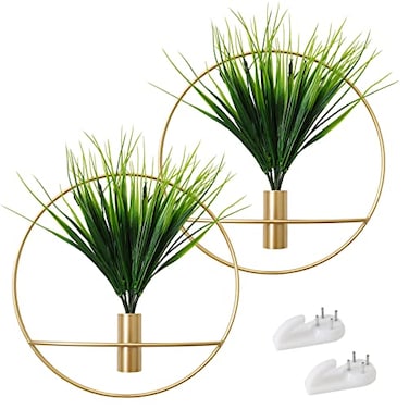 SAJANDAS Set of 2 Artificial Plants with Gold Metal Round Hanging Hoop for Wall Decor WallMounted Green Fake Plants in Metal Hoop for Modern Home Decor Gold Wall Decor for Bedroom Living Room