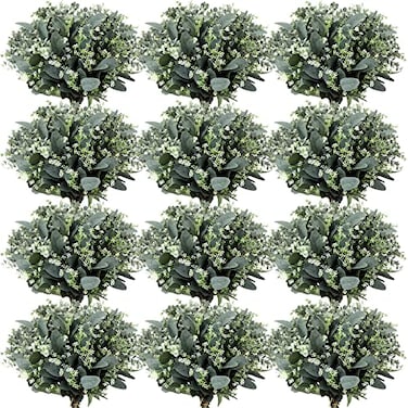 Janinka Mixed Eucalyptus Leaves Stems Bulk with White Seeds Artificial Silver Dollar Leaves Sprays Faux Oval for Wreath Garland Floral Bouquets Arrangement Wedding Greenery Decoration60 Pcs