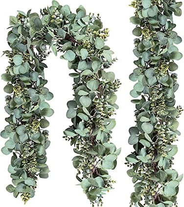 Ouddy Decor 2 Pack Eucalyptus Garland Total 131 Ft Lush Silver Dollar Leaves Boxwood Artificial Faux Greenery Vines for Baby Shower Wedding Party Table Runner Room Home Mantle Decor