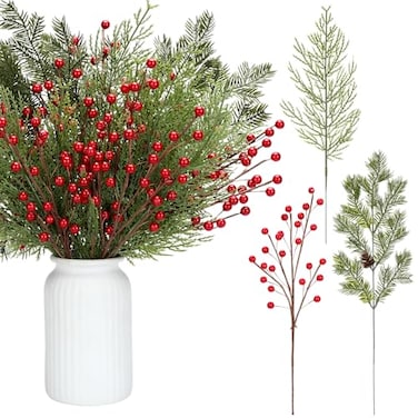Tigeen 30 Pcs Christmas Artificial Pine Branches with Berry Stems 16 Inch Christmas Greenery Stems with Pinecones Faux Cedar Pine Needles Picks for Xmas Tree Vase Wreath Garland DIYRed