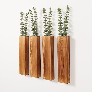 Mokof 4Pack Wood Wall Planters with 8 Removable Faux Eucalyptus Stems Modern Farmhouse Wall Decor for Living Room Bedroom Bathroom Wooden Wall Vases and Fake Eucalyptus for Home Office Decor