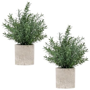 Coferset 2 Pack Small Fake Plants Rosemary Potted Artificial Plants for Shelf Desk Home Bathroom Farmhouse Room Coffee Table Decor Green