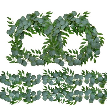 Trimgrace 4 Pack Artificial Eucalyptus Garland with Willow Leaves Each 65 Feet Fake Greenery Garland Vine for Table Runner Centerpiece Stairs DIY Garlands Decor