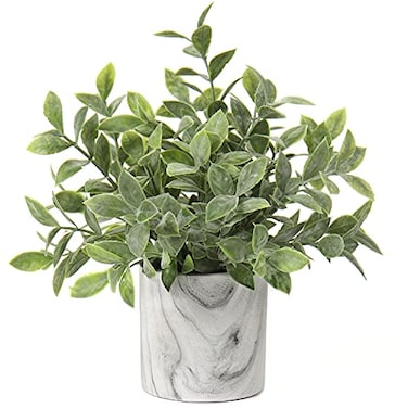 Hollyone Mini Artificial Potted Plants Fake Plants in Marble Pots 1Pcs Plastic Eucalyptus Greenery Faux Plants for Home Office Desk Room Centerpiece Shelf Dcor