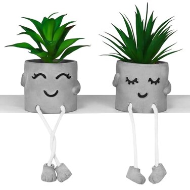 Zerzsy Faux Succulents in Cement Pots with Hanging Leg Potted Mini Fake Plants for Desk Decor Kitchen Shelf Decor Office Decoration for Women Bathroom Shelf Plants Decoration Set of 2