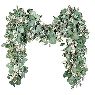 Ouddy Decor Eucalyptus Garland 656 Ft Lush Silver Dollar Leaves Boxwood with White Buds Artificial Faux Greenery Vines for Baby Shower Wedding Party Table Runner Room Home Mantle Decor