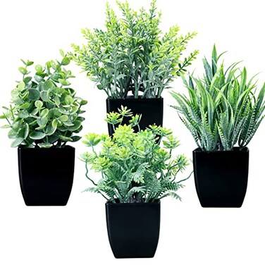GREENTIME 4 Pack Fake Plants in Black Pot Small Artificial Eucalyptus Potted Plant Wheat Grass Mini Faux Greenery for Home Decor Indoor Office Table Room Farmhouse Bathroom Decorations