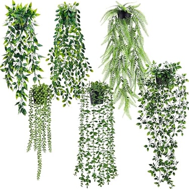 Der Rose 6Pcs Fake Plants Hanging Artificial Eucalyptus Vines Faux Potted Hanging Plants Indoor for Bathroom Kitchen Wall Shelf Outdoor Decor