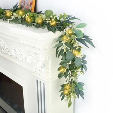 Artgar Eucalyptus Garland with Lights 6 Ft Greenery Garland Artificial Silver Dollar Olive Garlands SpringSummer Green Garlands for Indoor Outdoor Home Decor Wedding Arches Backdrops Table Decor