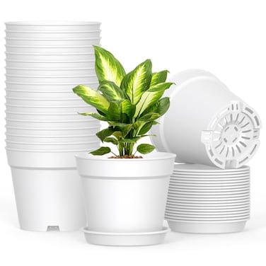 SwinDuck 20 Pack 6 Inch Plant Pots with Drainage and Saucers White Plastic Flower Pots for Indoor and Outdoor Plants Stackable Nursery Planters for Houseplants and Herbs White