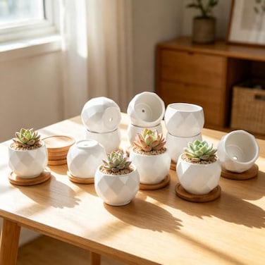 ZOUTOG Succulent Plant Pot 12 Pack 25 inch Square Pattern Ceramic Planters with Bamboo Tray Small Succulent Pots Indoor White Office Desk Decor Seeds Plants Not Included