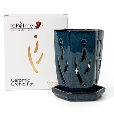 rePotme Orchid Pot 4 x 6 inch Hexagon Ceramic Orchid Pot with Holes and Matching Saucer Teal Jade