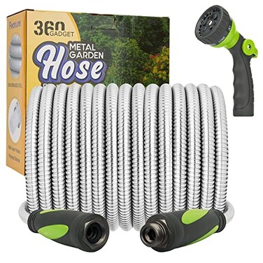 360 GADGET Garden Hose Water Hose 75 FT with Swivel Handle 8 Function Nozzle Flexible Heavy Duty No Kink Lightweight Metal Hose for Outdoor Yard 304 Stainless Steel