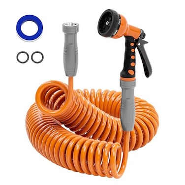 SPECILITE 38 Lightweight Coil Garden Hose 50 FT EVA Retractable Curly Water Pipe with 6Pattern Spray Nozzle for Boat Greenhouse Yard Patio Orange