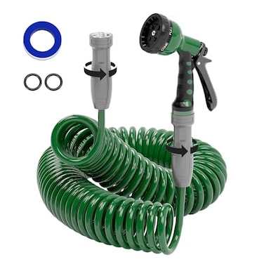 SPECILITE 38 Lightweight Coil Garden Hose 75FT EVA Flexible Curly Water Pipes with 6Pattern Spray Nozzle for Boat Greenhouse Yard Patio Green