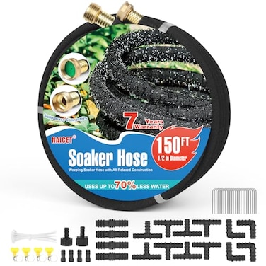 Naicet Soaker Hose 150FT Heavy Duty Rubber Saves 75 Water End Cap Included for Additional Hose Connect Great for GardensFlower Beds