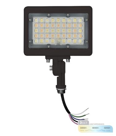 NUWATT 50W LED Flood Light 3CCT 3000K4000K5000K Selectable IP65 Waterproof Lighting Adjustable Knuckle Mount 7050LM 010V Dimmable 120277V Outdoor Security Floodlight for Yard Bronze UL
