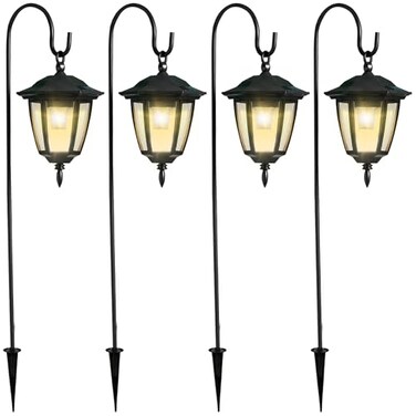 Dynaming 4 Pack Solar Hanging Lights Outdoor Solar Powered Garden Decorative Lanterns with 4 x 38 Inch Shepherd Hooks Waterproof Landscape Lighting for Lawn Patio Yard Pathway Driveway Warm White