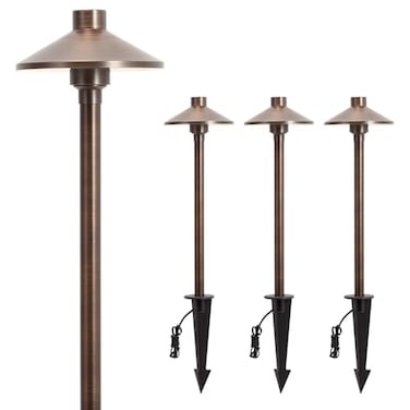 Gardencoin Solid Brass Low Voltage Pathway Lights 67 Shade 219 Tall 12V ACDC Heavy Duty LED Landscape Path Lights Outdoor Wired Antique Bronze Walkway Lights with Larger Stake 4Pack