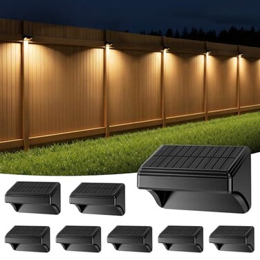 Bridika Solar Fence Lights Outdoor Waterproof Warm White Color Glowt LED for Backyard Patio Deck Railing Stair Handrail Pool and Wall 8 Packs