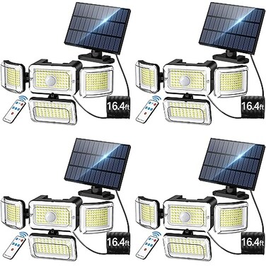 CLAONER Solar Outdoor Lights Motion Sensor 3500LM 288 LED Solar Security Lights with Remote Control IP67 Waterproof 4 Heads Flood Lights with 164ft Cable 4 Modes Wall Lights4 Pack