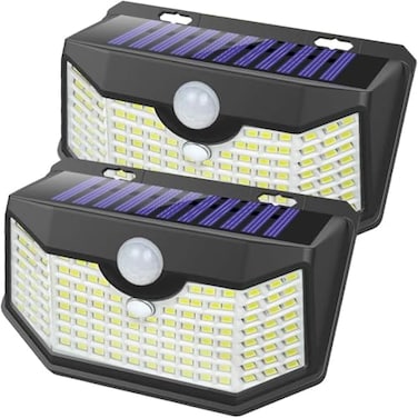 HMCITY 120 LED Outdoor Solar Lights with Motion Sensor and 3 Lighting Modes IP65 Waterproof Wide Solar Wall Lights Ideal for Garden Patio Yard Front Button 2Packs Black ShellDaylight White