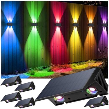 IIRARA Fence Lights Solar Powered 6Pack Solar Fence Lights UpDown Flexible Buttons IP67 Waterproof for Outdoor 100LM Bright Auto Dusk to Dawn for WallStairsYardRailingDeckPathway White RGB