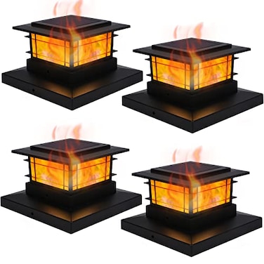 Dynaming 4 Pack Solar Post Cap Lights Outdoor with Flickering Flame Light Fence Post Solar Lights Fit for 4x4 5x5 6x6 VinylWooden Posts High Brightness SMD LED Lighting Decor for Garden Deck Patio