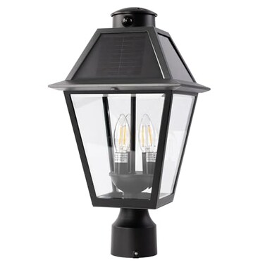 LUTEC Outdoor Solar Lamp Post Light with Motion Sensor 400 Lumen Dusk to Dawn Waterproof Pole Light Head with Three Modes Exterior Black Solar Powered Fence Post Light Fixtures for Outside