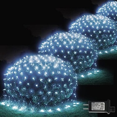 Pooqla Cool White Net Lights 360 LED Outdoor Christmas Net String Lights 21 ft x 5 ft Large Net Mesh String Lights 8 Modes Twinkle Lights Connectable Plug in for Bushes Christmas Yard Garden Party Dec