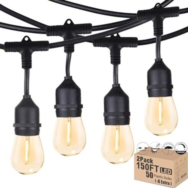Meidaoduo Outdoor String Lights LED 150FT Waterproof HeavyDuty Patio Lights String with 50 Dimmable Shatterproof Plastic Edison Bulbs4 Extra for Gazebo Pergola Bistro Lights Connectable