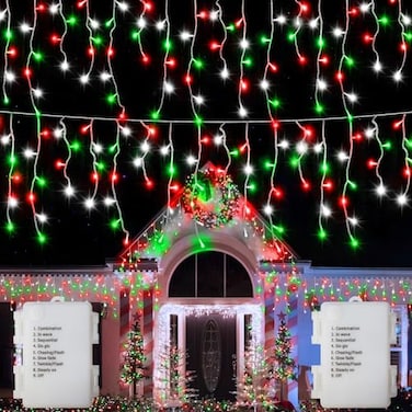 echosari 2 Pack Red White Green Christmas Icicle Lights Battery Operated Total 204 LED Twinkle Icicle Lights 20Ft Clear Wire with 8 Lighting Modes Timer Function for Outdoor Indoor House Party Decorat