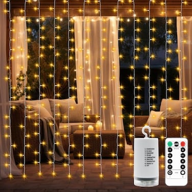 DealBeta Battery Operated Curtain Lights98ft98ft 300 LED Curtain Lights with Remote Timer 8 Modes Waterproof Hanging Fairy Lights for Outdoor Indoor Wedding Christmas Decor Warm White