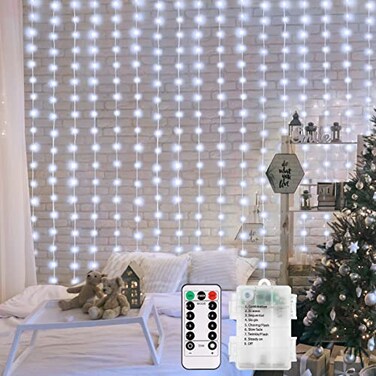 echosari Curtain Lights Battery Operated 200 LED Curtain Fairy Lights 6666ft with Remote Timer Outdoor Wall Light Fully Waterproof for Wedding Backdrops Bedroom Decor Cool White