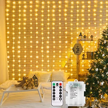 echosari Curtain Lights Battery Operated 200 LED Curtain Fairy Lights 6666ft with Remote Timer Outdoor Wall Light Fully Waterproof for Wedding Backdrops Bedroom Decor Warm White
