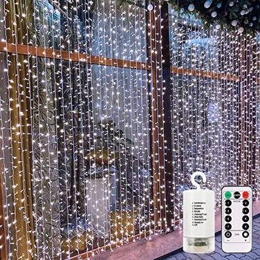 echosari Curtain Lights Battery Operated 98Ft x 98ft 300 LED Curtain String Light with Remote Timer 8 Modes Hanging Lights for Wedding Party Home Garden Wall Decor Cool White
