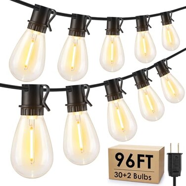 Larkvue 96FT LED Outdoor String Lights Waterproof Patio Lights with 302 2700K Dimmable Shatterproof Edison Hanging Bulbs for Backyard PartyBlack