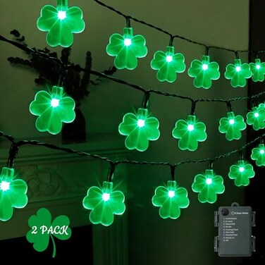 LJLNION St Patricks Day String Lights Outdoor 50 LED 16 FT Shamrocks Decorative Green Leaf Lights Battery Operated 8 Lighting Modes Timer Waterproof for Home Garden Party Decoration 2 Pack