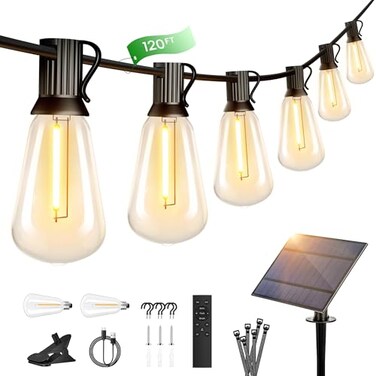 OHLUX 120FT Solar String Lights Outdoor with Remote 2200K Soft Warm Patio Lights with 52 Shatterproof TearDrop LED Filament ST38 Bulbs Dimmable Outside Edison Hanging Light for Backyard Deck Roof