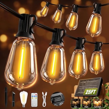 Skoiuc Solar String Lights Outdoor Waterproof with Remote Timer LED Shatterproof ST38 Bulbs USB Solar Powered Patio Lights for Backyard Porch Garden Wedding Christmas Decor 25FT