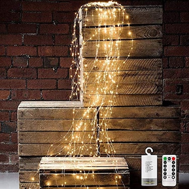 VOOKRY 10 Strands 200 LEDs Hanging Twinkle Fairy Lights Battery Operated with Remote Waterproof Waterfall Vine String Lights Silver Wire Branch Lights with Timer for Outdoor DIY Watering Can Lights