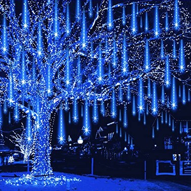 Weepong Meteor Shower Lights Outdoor Christmas Lights UL Certified Falling Rain Drop Snowfall Icicle Cascading String Light for Xmas Holiday Tree Wedding Party Garden Decor Blue 12 Inch 8 Tubes