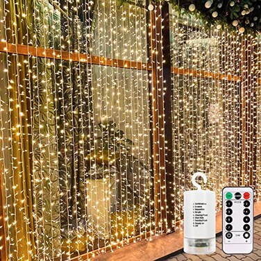 echosari 300 LED Curtain Lights Battery Operated 98ft98ft Hanging Light with Remote Timer Fairy Curtain Lights for Bedroom Patio Wedding Backdrop Party Decr Warm White