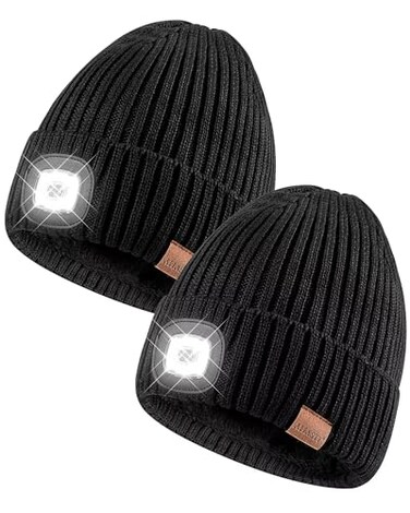 AHASTI Beanie with Light for Men 2 Pack Hat with Light Built in Rechargeable Winter Warm Knitted Headlamp Caps Gift for Men Dads Husband Led Beanie Hats with LightBlackBlack