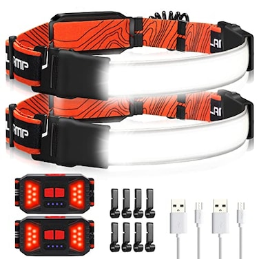 Adelante LED Headlamp Flashlight 2Pack 1000LM 230WideBeam Rechargeable Head Lamp for Adults Red Taillight 8 Clips Waterproof Hard Hat Light Headlamps for Running Hiking and Camping