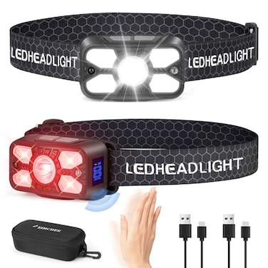 Elmchee Rechargeable Headlamp 2 Pack 2500 Lumen Bright 5 LED Headlight 7 Modes Adjustable Motion Sensor USBC Waterproof Head Flashlight Outdoor Hiking Camping Fishing 5 Led Headlamp