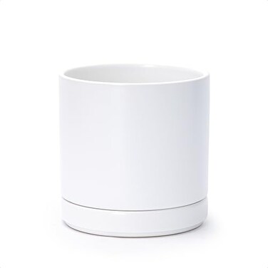 D'vine Dev Dvine Dev 65 Inch Ceramic Planter Pot with Drainage Hole and Saucer Indoor Cylinder Round Flower Pot White 94OC1