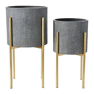 Main + Main Mesa Modern Boho Embossed Metal Planters with Stands Charcoal Grey and Gold Set of 2 Sizes