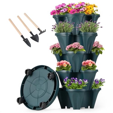 GameXcel Vertical Planter Tower 5 Tier Stackable Garden Planters with Wheels and Tools Plant Pots for Strawberry Herb Flower and Vegetable Indoor Outdoor Use Green